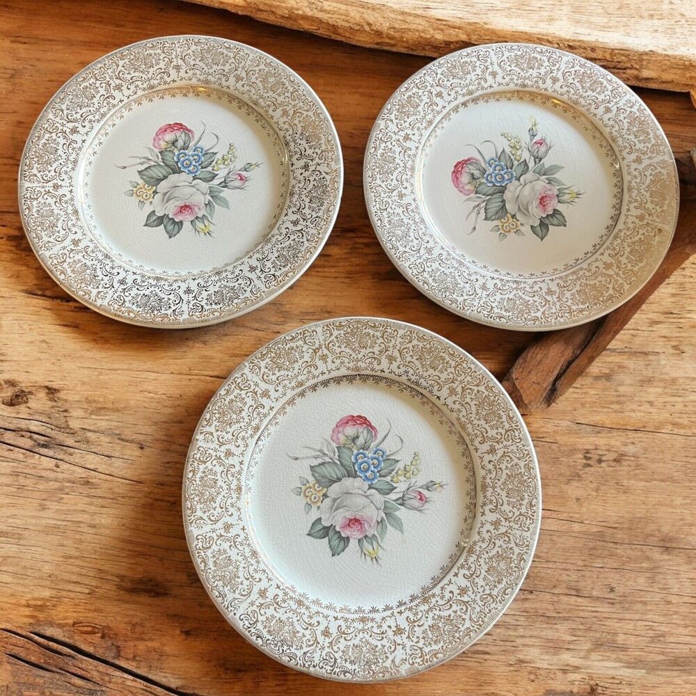 Vintage Century Plate By Salem 23 KT Gold Scroll Pattern Floral Design Lot Of 3